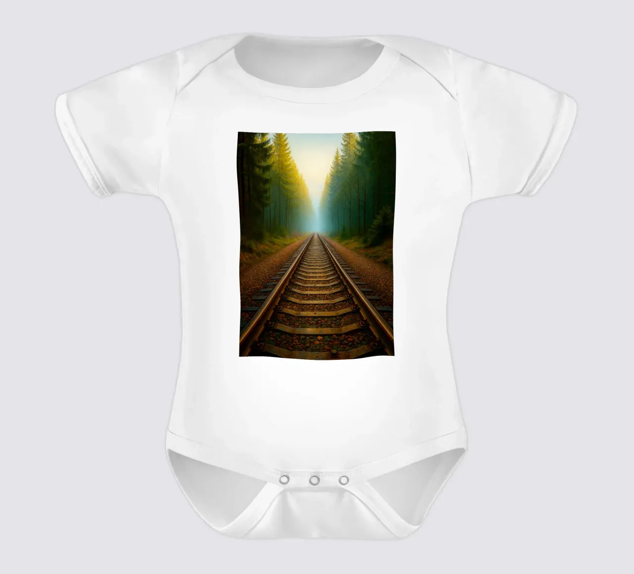 train track in the forrest view retro photography short-sleeve baby romper by viantishop
