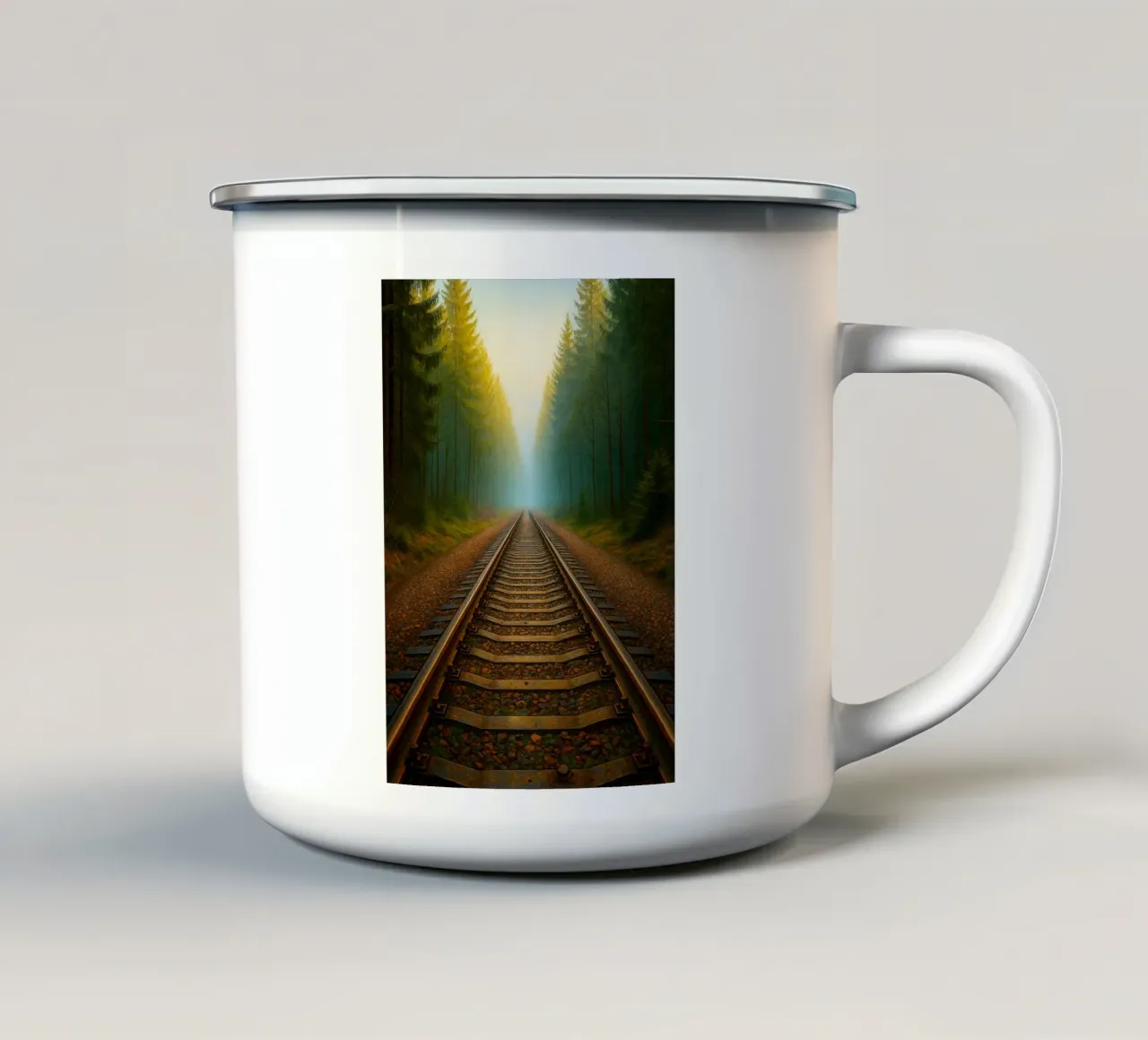 train track in the forrest view retro photography enamel mug by viantishop