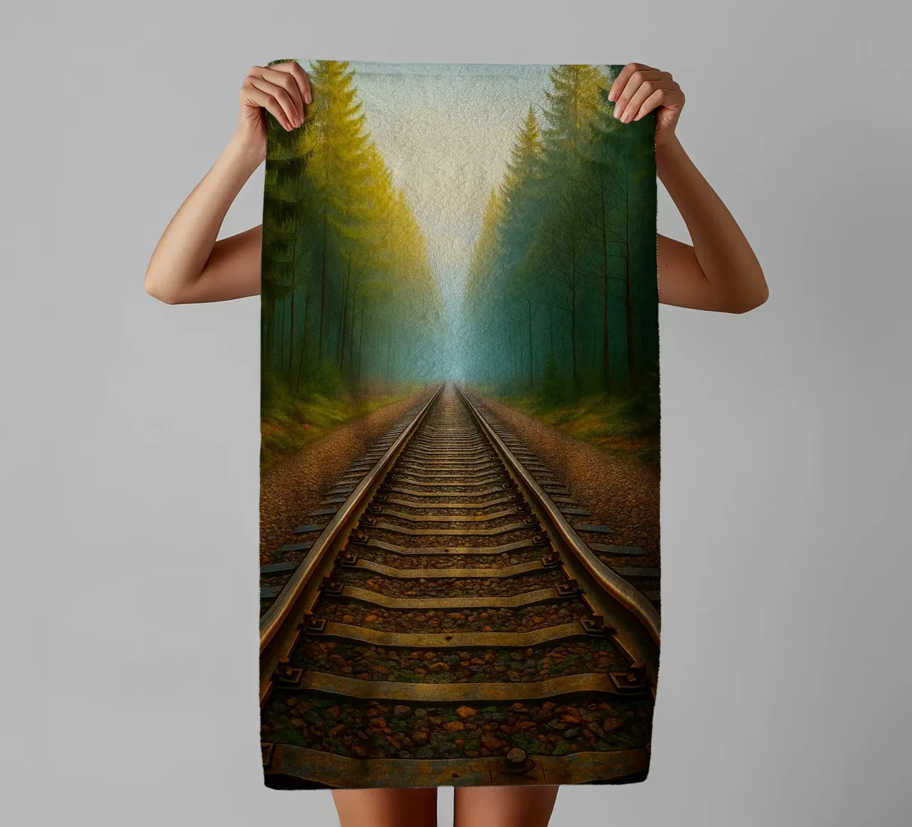 train track in the forrest view retro photography towel by viantishop