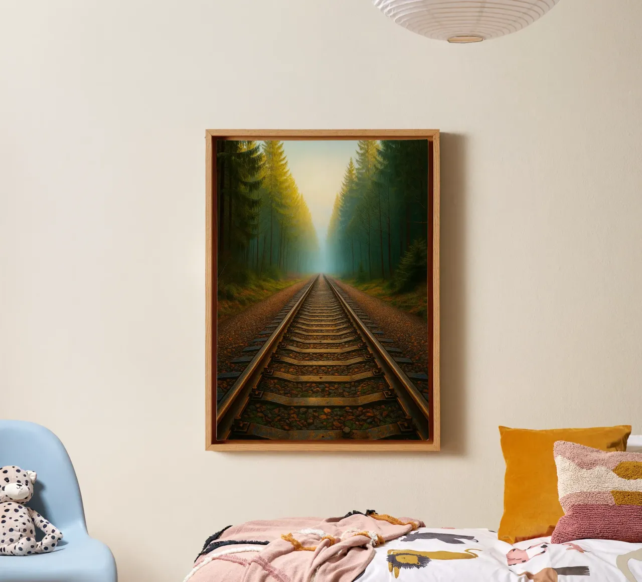 train track in the forrest view retro photography canvas with Floater frame by viantishop
