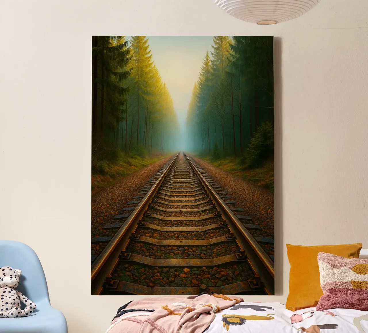 train track in the forrest view retro photography canvas with Floater frame by viantishop