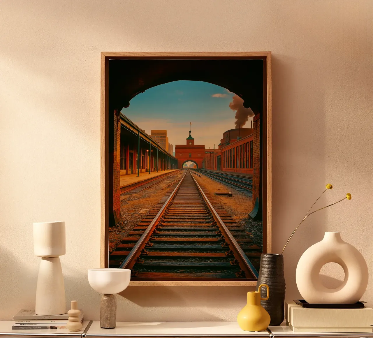 train tunnel view retro photography canvas with Floater frame by viantishop
