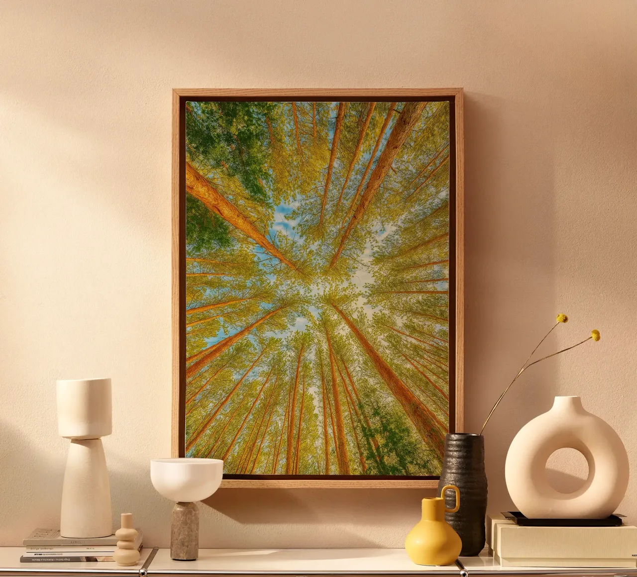 trees tops angle view retro photography canvas with Floater frame by viantishop