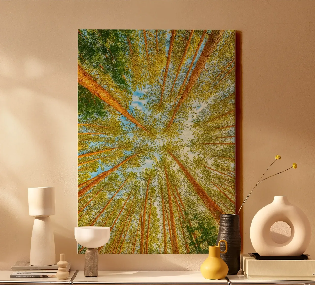 trees tops angle view retro photography canvas with Floater frame by viantishop