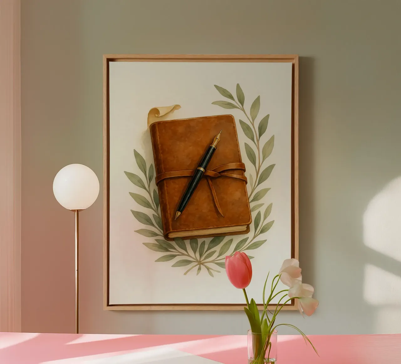 Diario in pelle vintage con foglie di ulivo - Acquerello d'arte tela con Cornice a cassetta da Eldon S Kiser