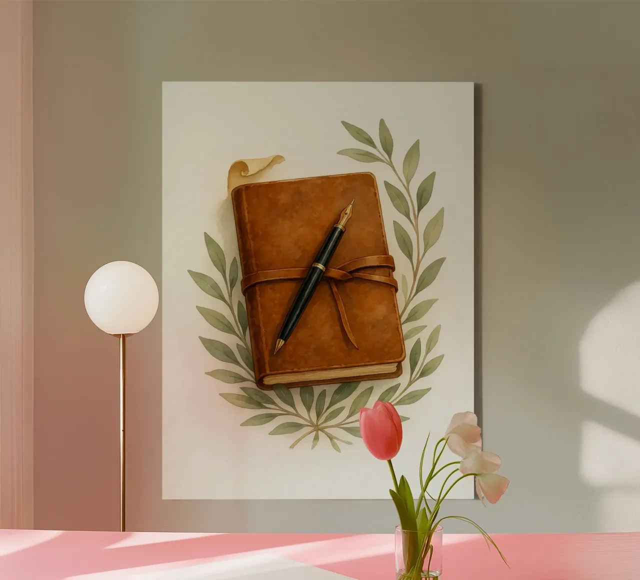 Diario in pelle vintage con foglie di ulivo - Acquerello d'arte tela con Cornice a cassetta da Eldon S Kiser