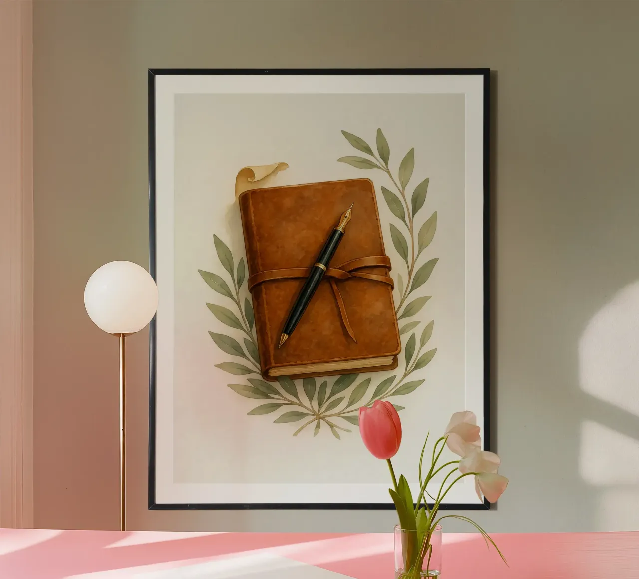 Diario in pelle vintage con foglie di ulivo - Acquerello d'arte poster da Eldon S Kiser