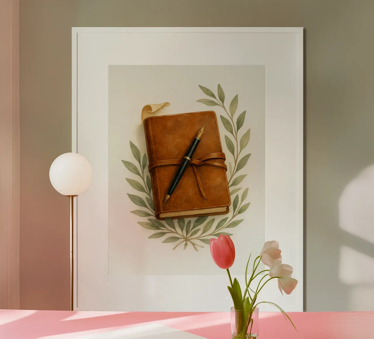 Diario in pelle vintage con foglie di ulivo - Acquerello d'arte poster da Eldon S Kiser