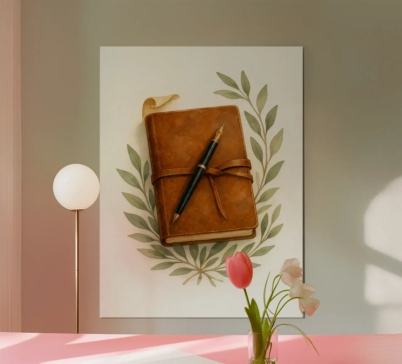 Diario in pelle vintage con foglie di ulivo - Acquerello d'arte poster da Eldon S Kiser