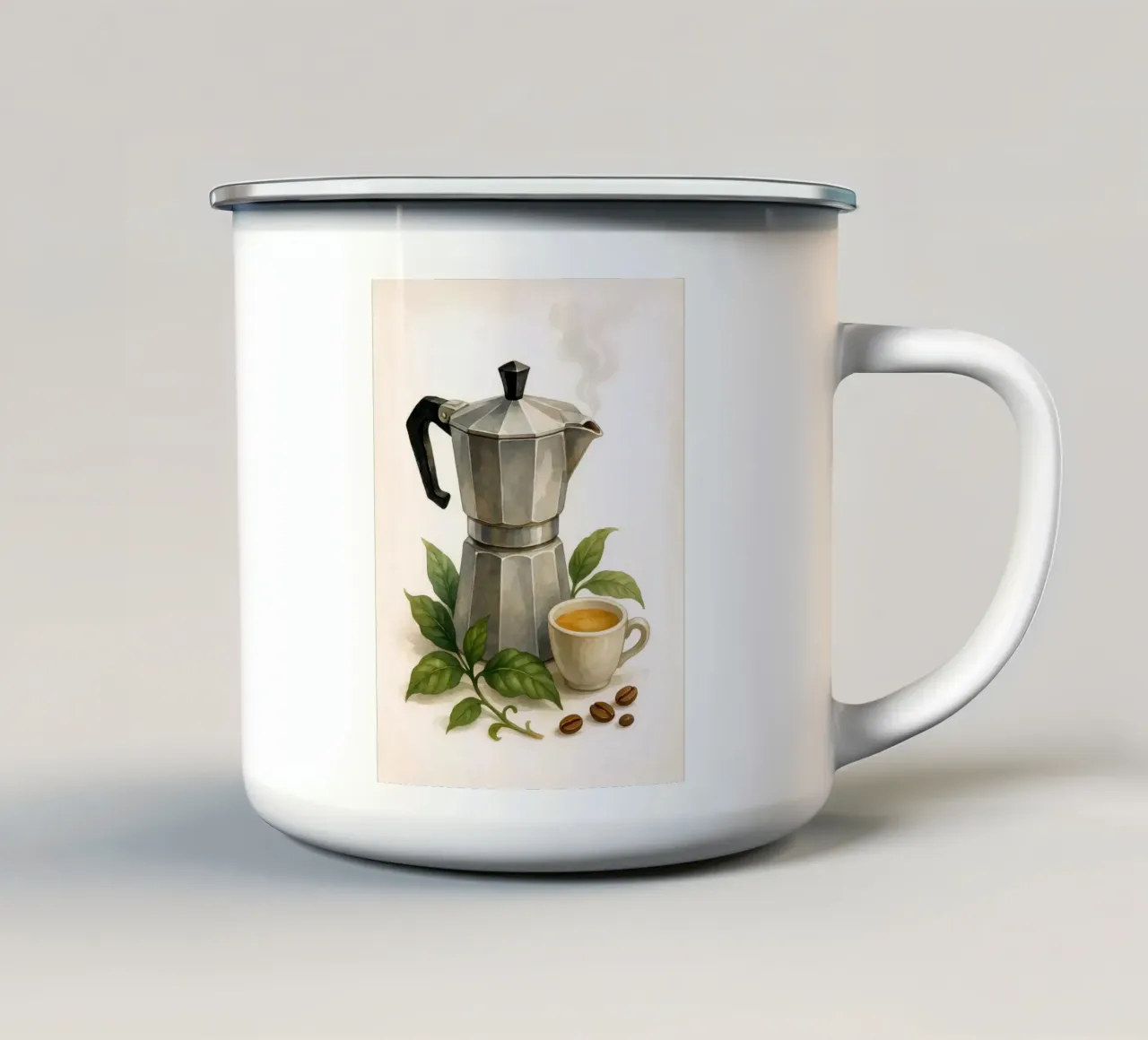 Caffettiera classica con foglie di caffè - Acquerello d'epoca tazza in smalto da Eldon S Kiser