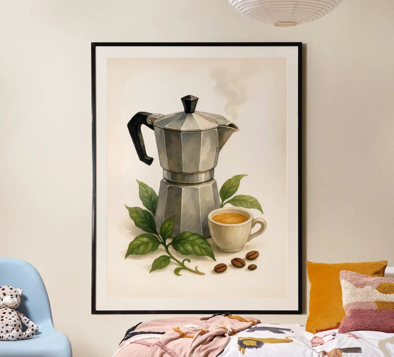 Caffettiera classica con foglie di caffè - Acquerello d'epoca poster con telaio in plastica da Eldon S Kiser