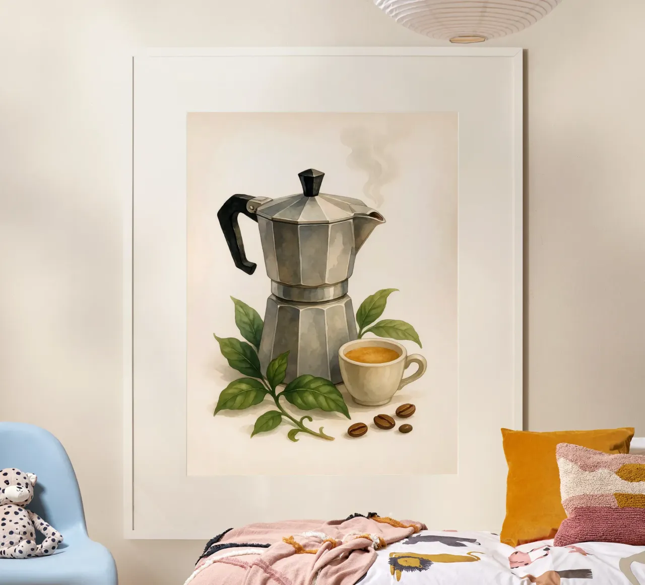 Caffettiera classica con foglie di caffè - Acquerello d'epoca poster con telaio in plastica da Eldon S Kiser