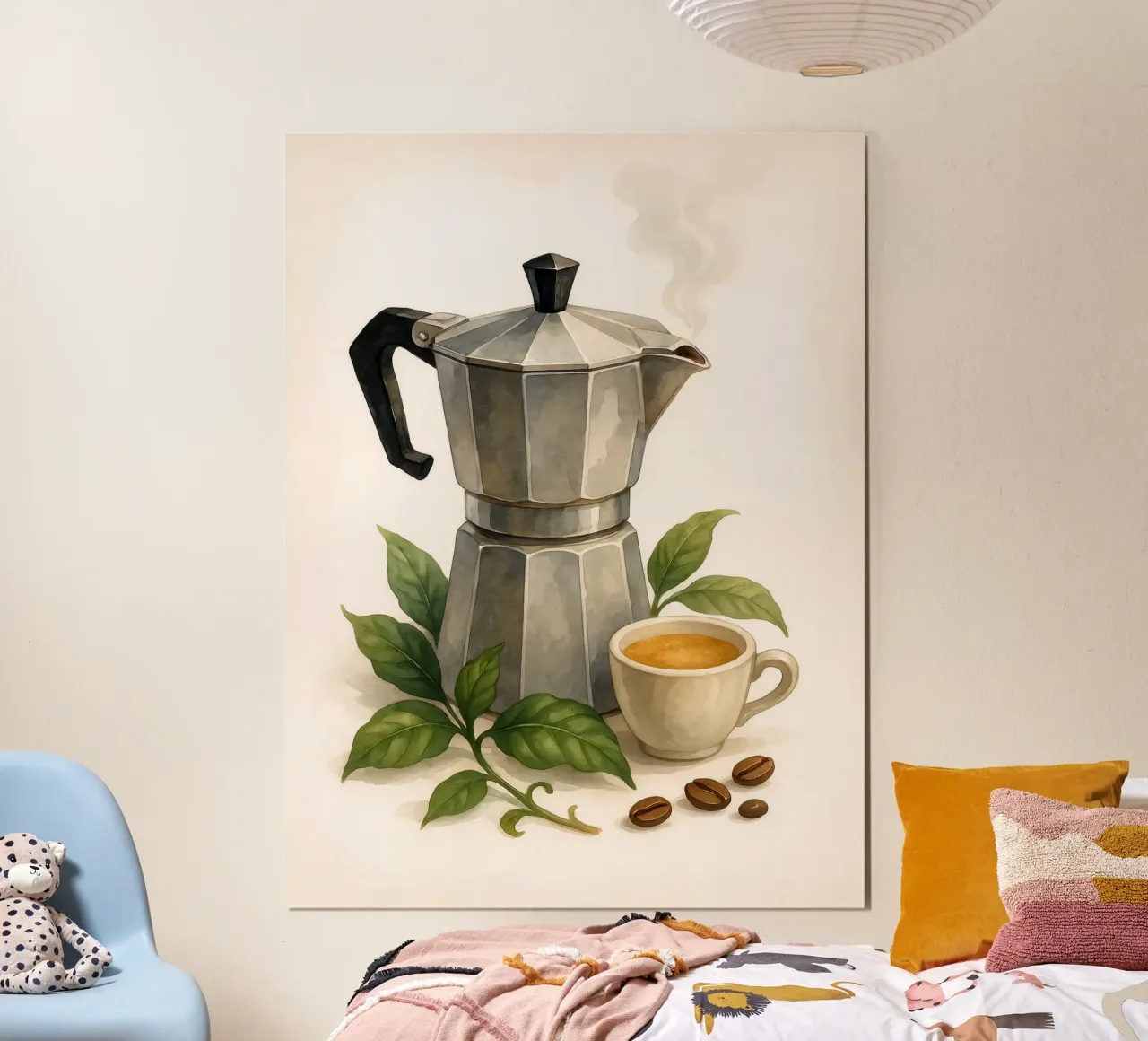 Caffettiera classica con foglie di caffè - Acquerello d'epoca poster con telaio in plastica da Eldon S Kiser