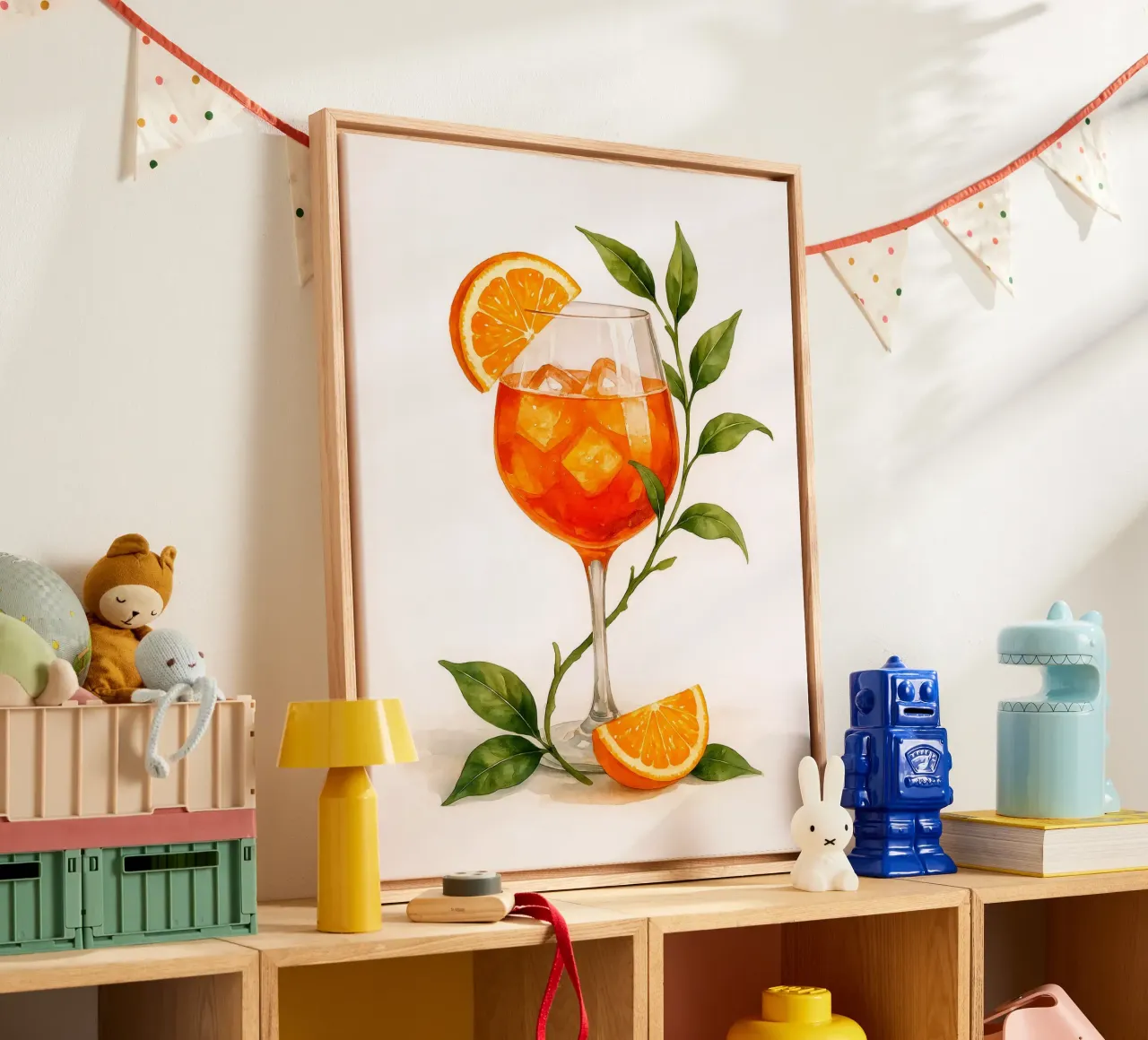 Bicchiere da spritz Aperol con foglie d'arancio - Acquerello vintage tela con Cornice a cassetta da Eldon S Kiser