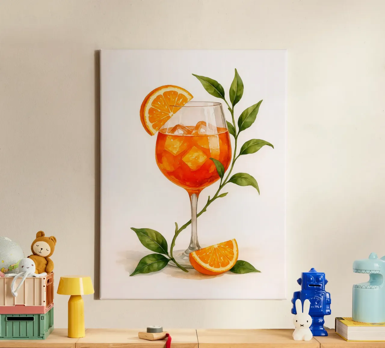 Bicchiere da spritz Aperol con foglie d'arancio - Acquerello vintage tela con Cornice a cassetta da Eldon S Kiser