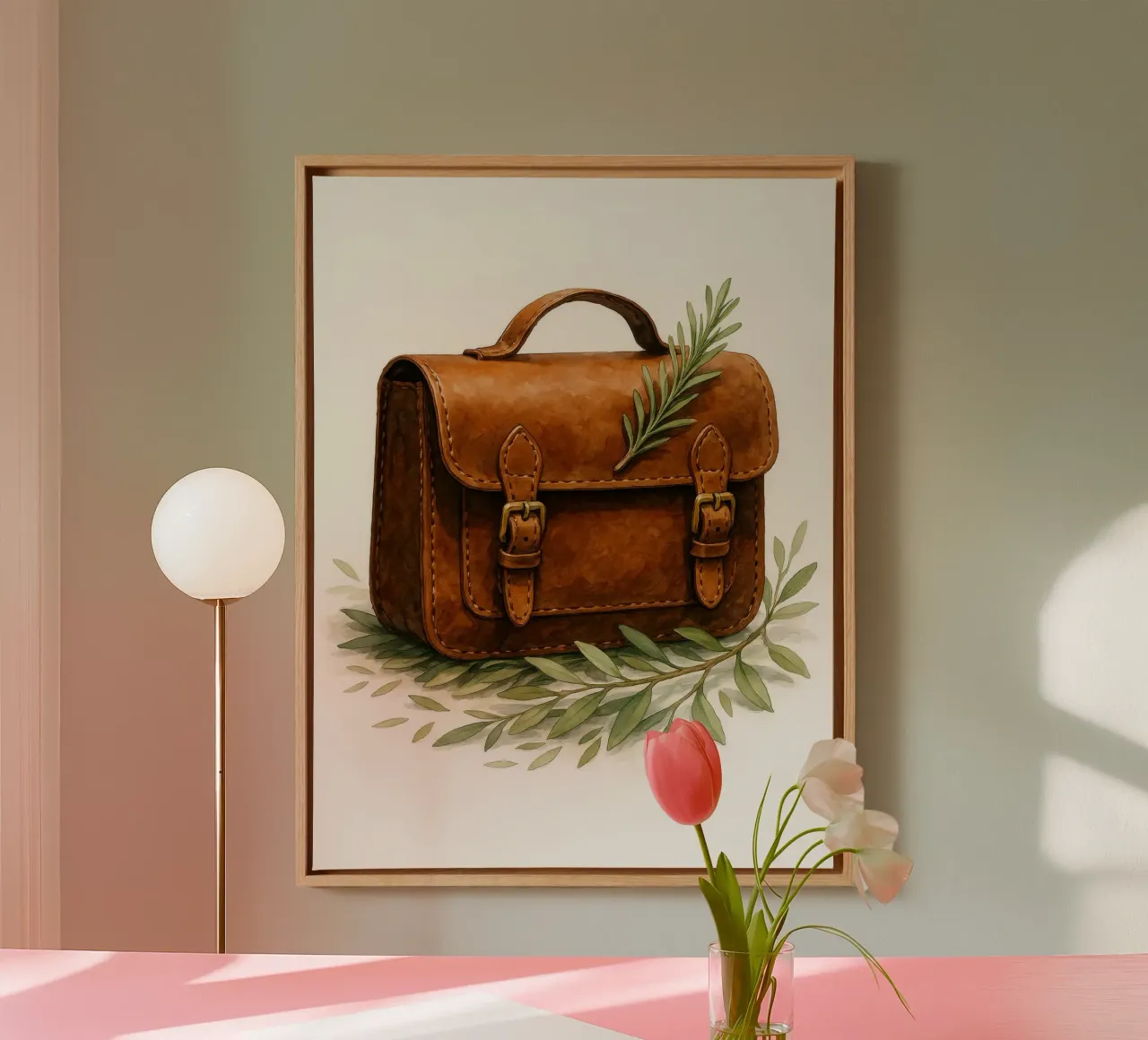 Borsa in pelle vintage con foglie di ulivo - Acquerello d'arte tela con Cornice a cassetta da Eldon S Kiser