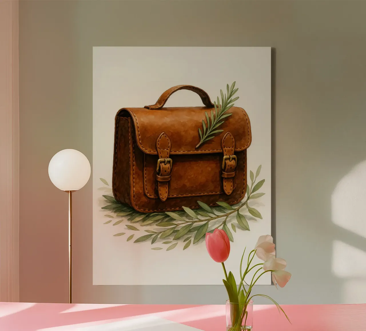 Borsa in pelle vintage con foglie di ulivo - Acquerello d'arte tela con Cornice a cassetta da Eldon S Kiser