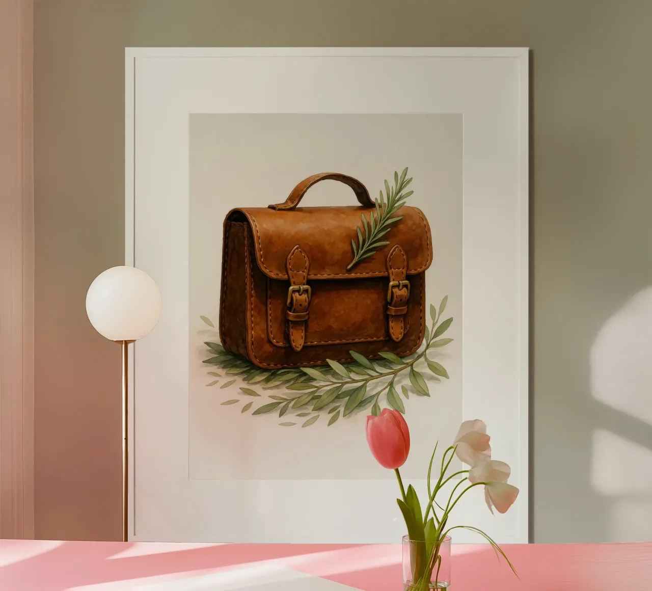 Borsa in pelle vintage con foglie di ulivo - Acquerello d'arte poster da Eldon S Kiser