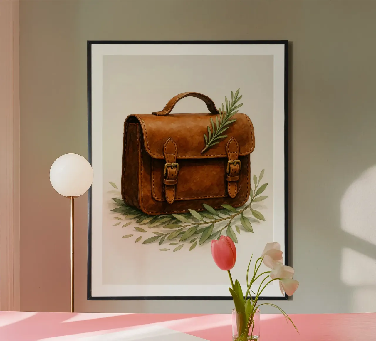 Borsa in pelle vintage con foglie di ulivo - Acquerello d'arte poster da Eldon S Kiser