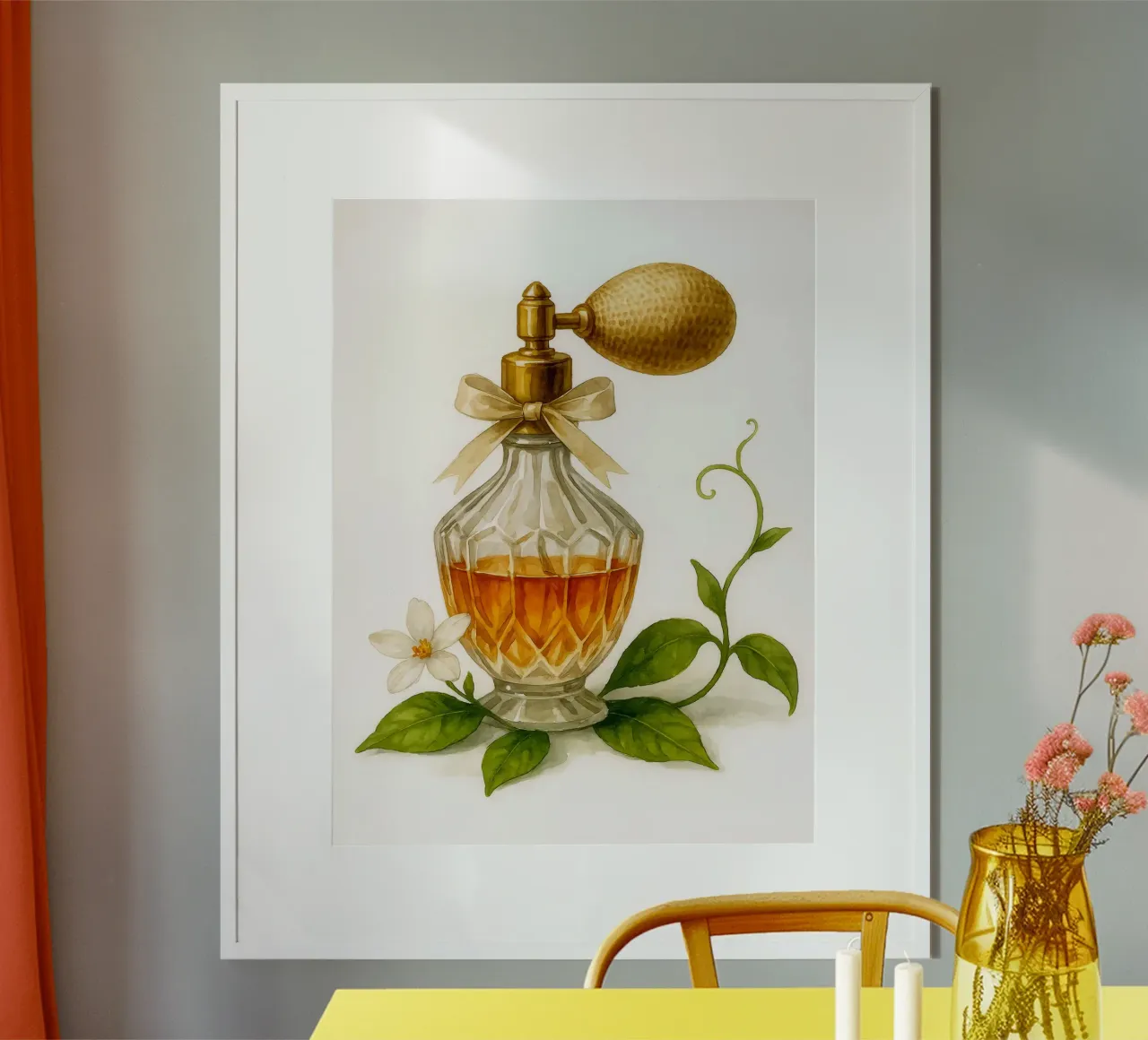 Bottiglia di profumo vintage con foglie di agrumi - Acquerello d'arte poster da Eldon S Kiser
