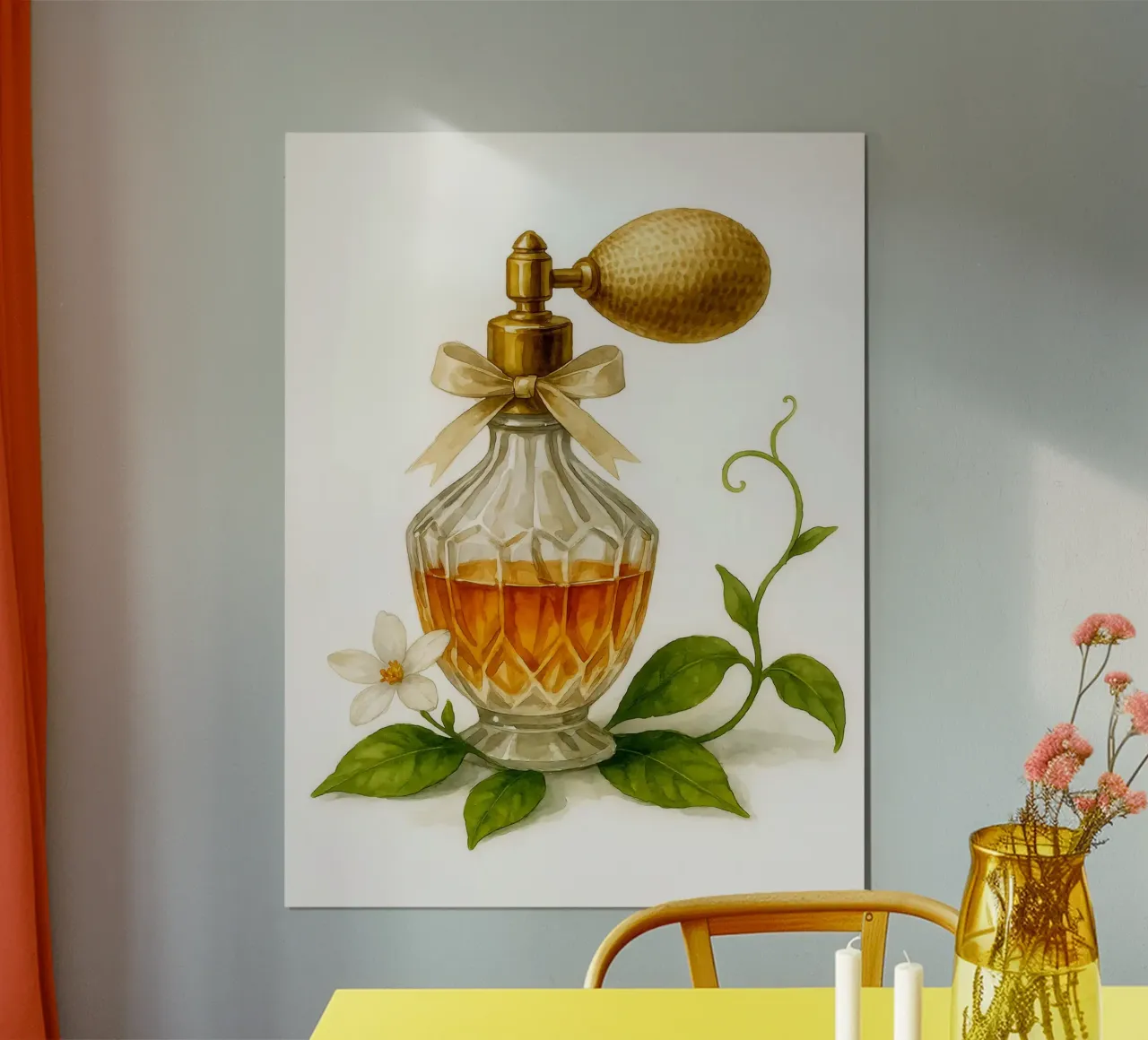 Bottiglia di profumo vintage con foglie di agrumi - Acquerello d'arte poster da Eldon S Kiser