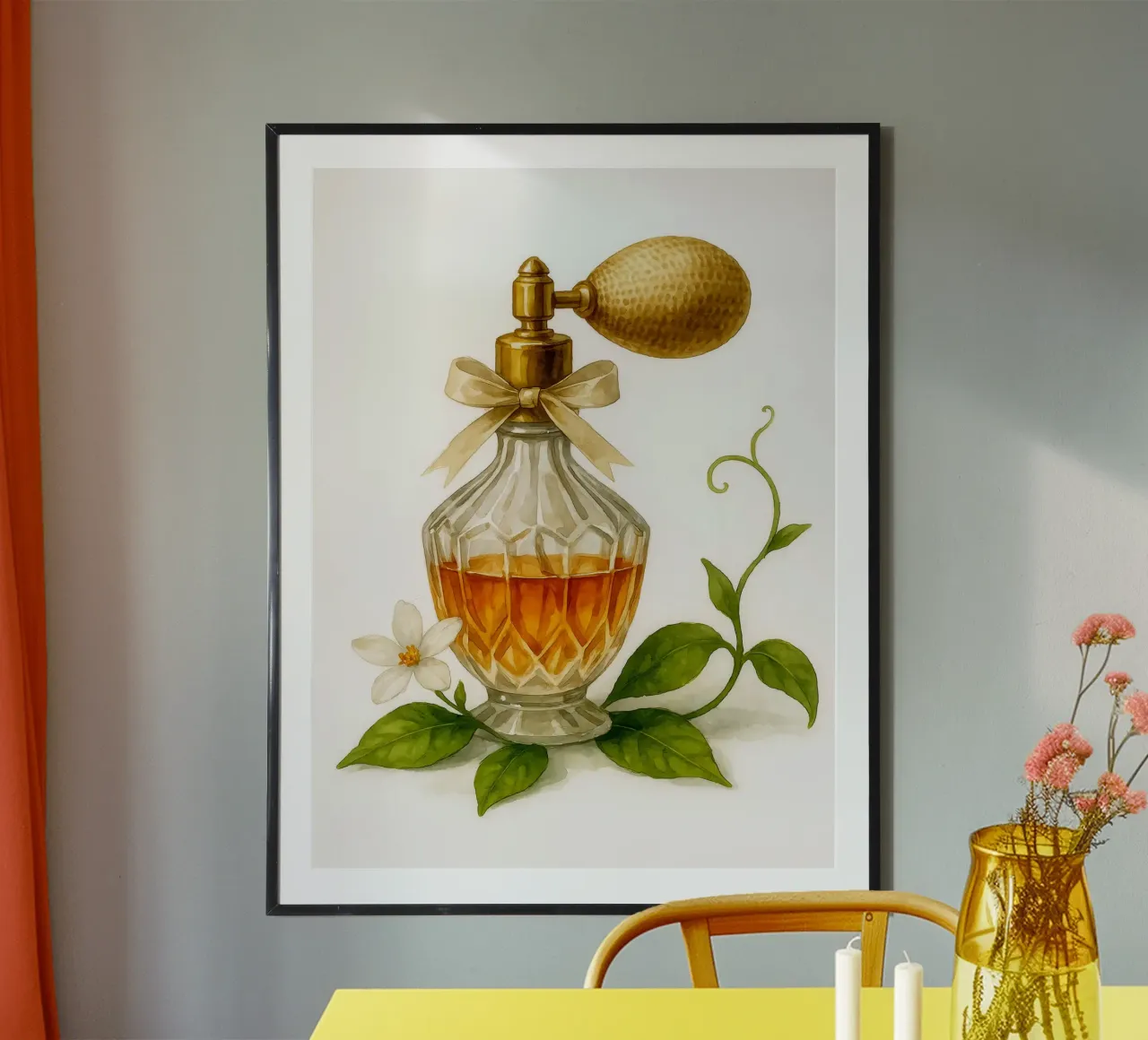 Bottiglia di profumo vintage con foglie di agrumi - Acquerello d'arte poster da Eldon S Kiser