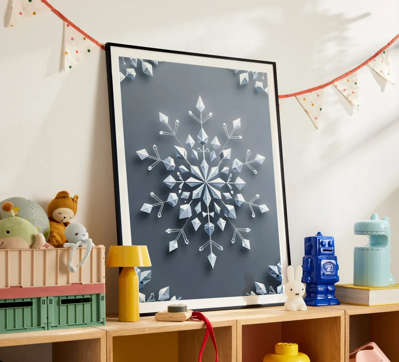 Fiocco di neve invernale poster con telaio in legno da The Green Room