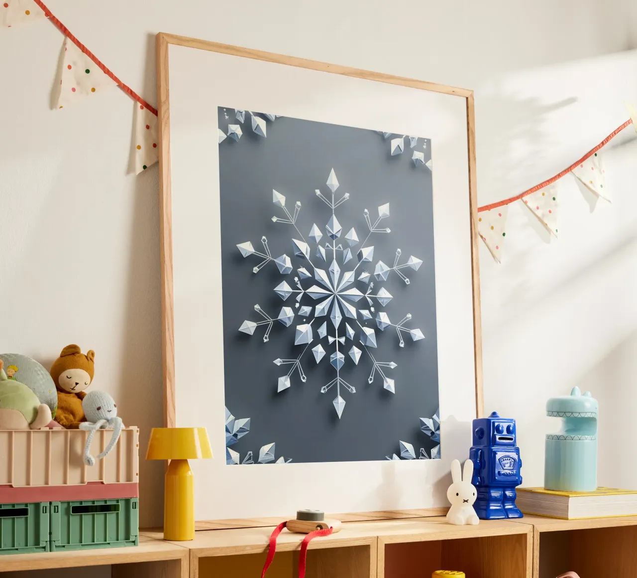 Fiocco di neve invernale poster con telaio in legno da The Green Room