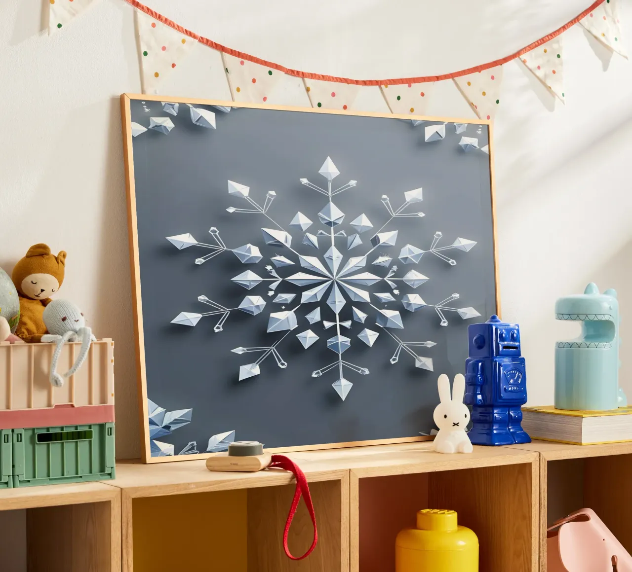 Fiocco di neve invernale poster con telaio in legno da The Green Room
