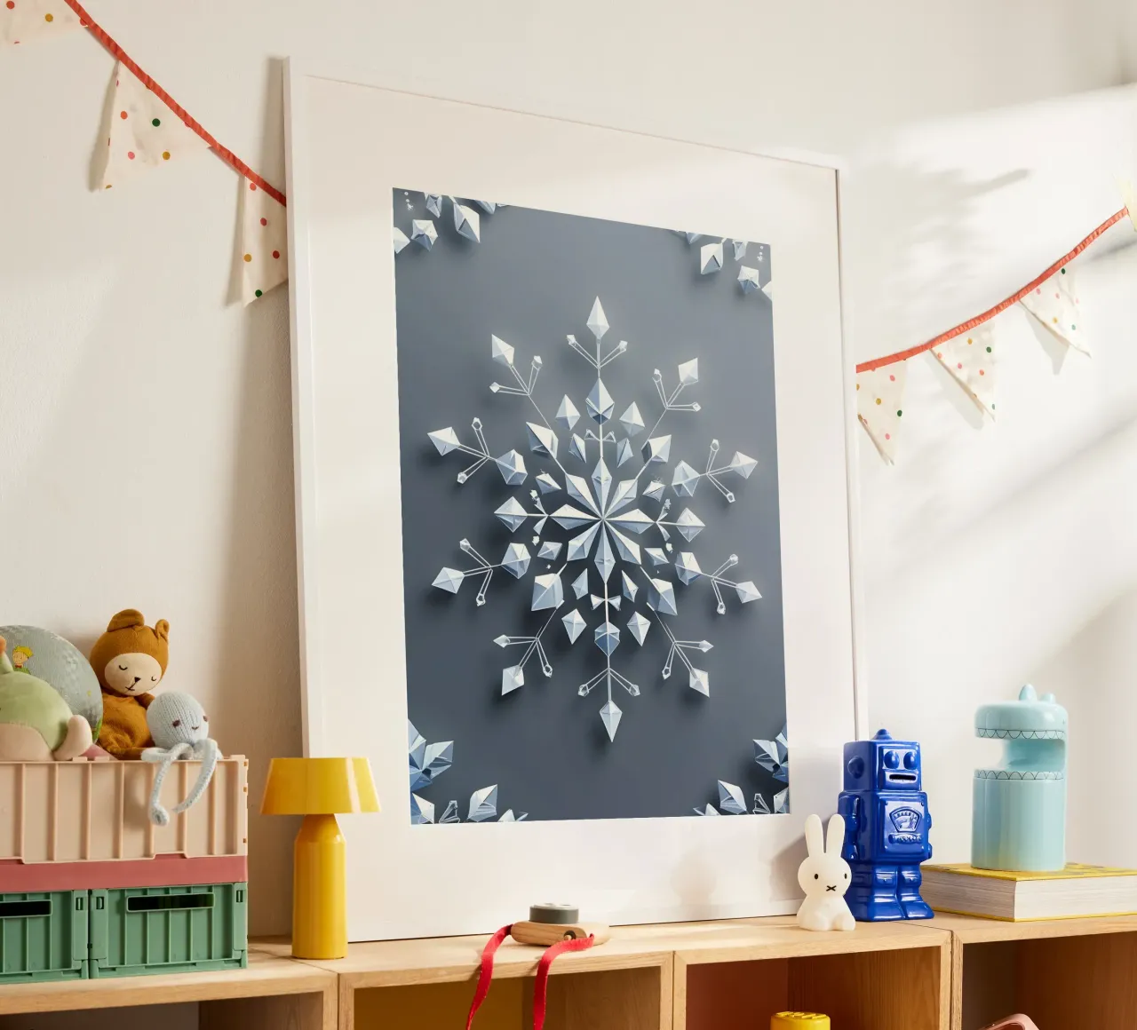 Fiocco di neve invernale poster con telaio in legno da The Green Room