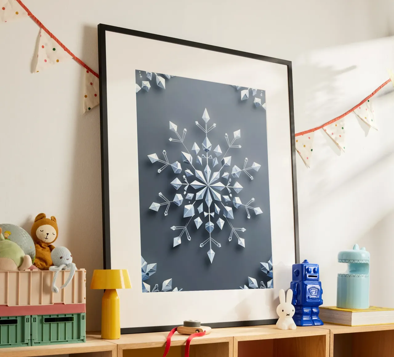 Fiocco di neve invernale poster con telaio in legno da The Green Room
