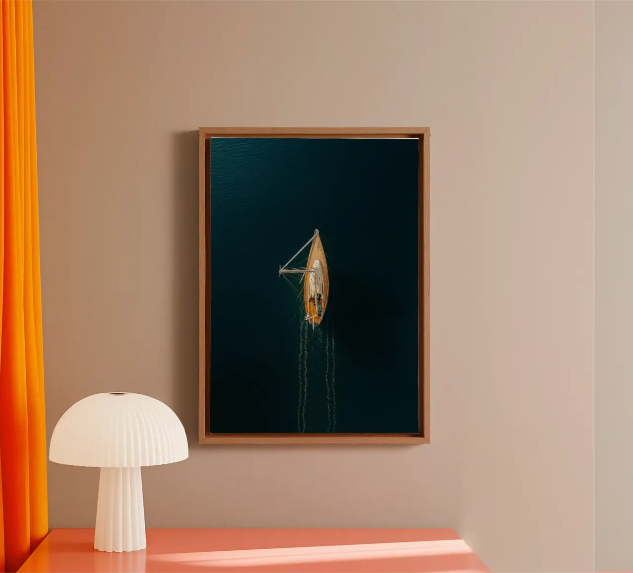yacht sailing view retro photography canvas with Floater frame by viantishop