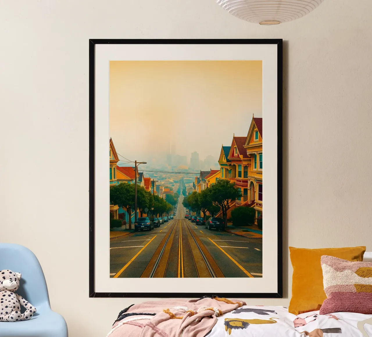 train trolley vue de la rue photographie rétro poster avec cadre en aluminium de viantishop