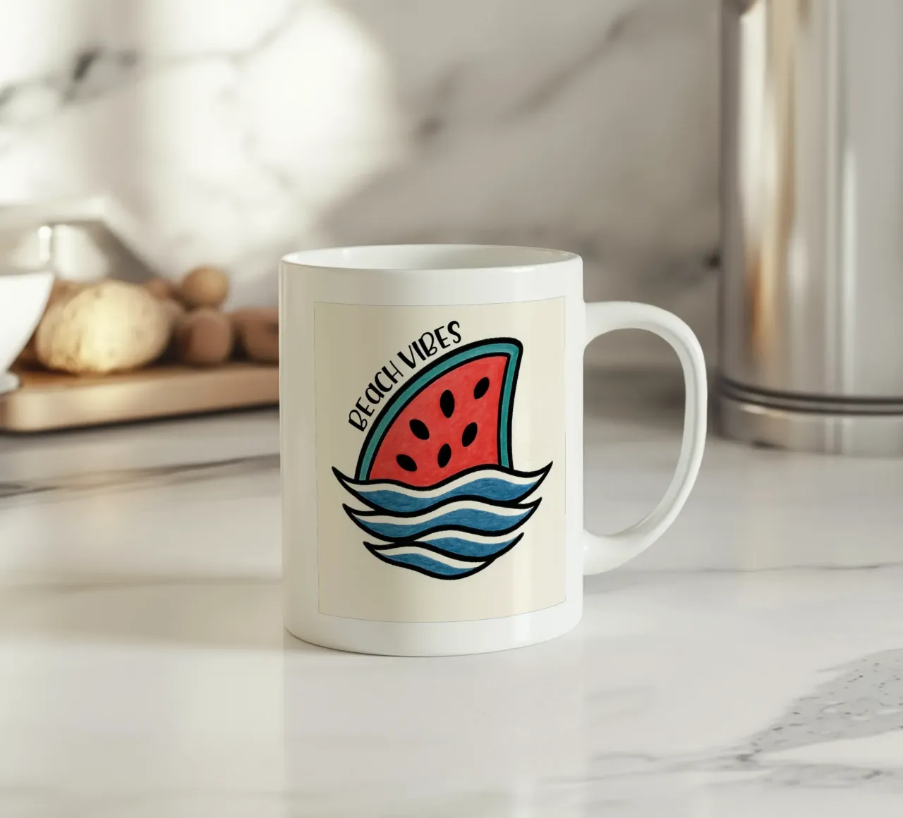 Pinna di squalo all'anguria con design "Beach Vibes" - divertente, unico e tazza in ceramica da inspirational quote