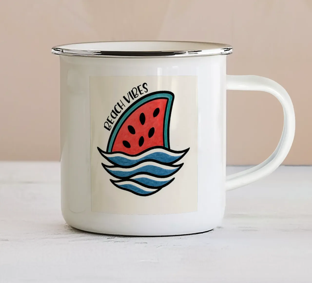 Pinna di squalo all'anguria con design "Beach Vibes" - divertente, unico e tazza in smalto da inspirational quote