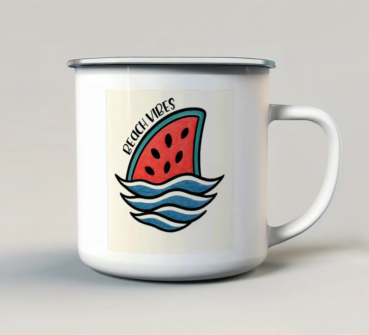 Pinna di squalo all'anguria con design "Beach Vibes" - divertente, unico e tazza in smalto da inspirational quote