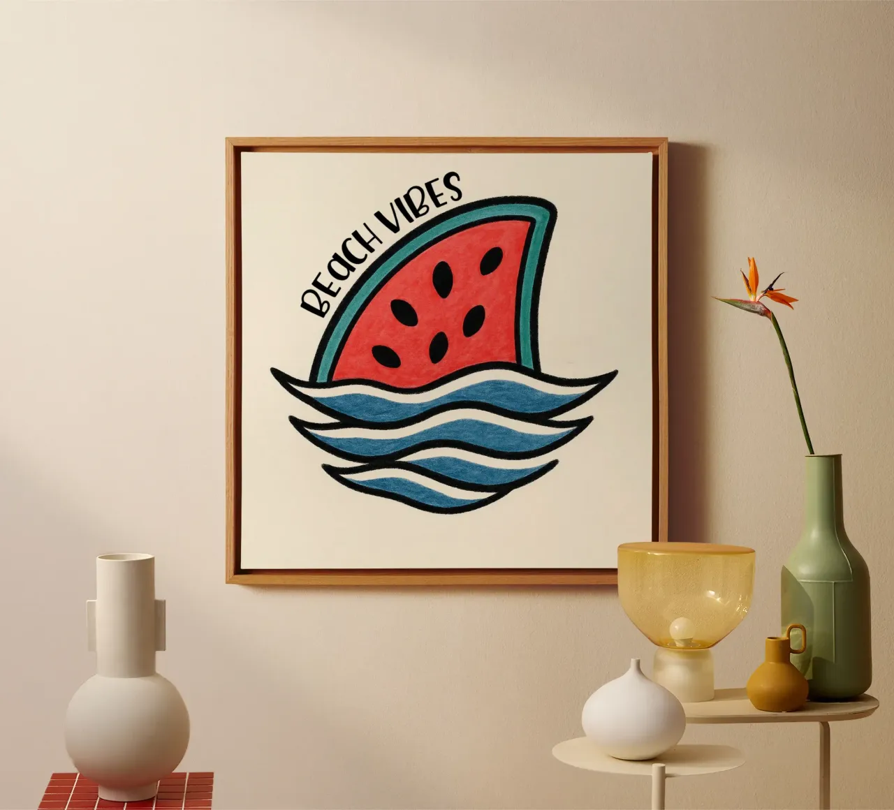 Pinna di squalo all'anguria con design "Beach Vibes" - divertente, unico e tela con Cornice a cassetta da inspirational quote