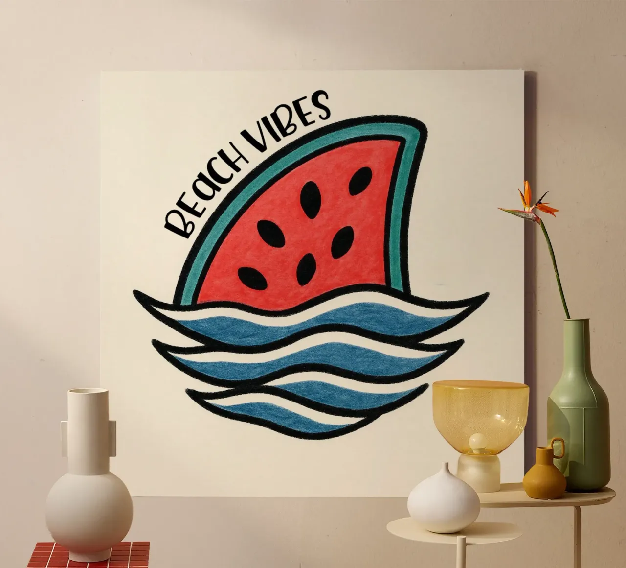 Pinna di squalo all'anguria con design "Beach Vibes" - divertente, unico e tela con Cornice a cassetta da inspirational quote