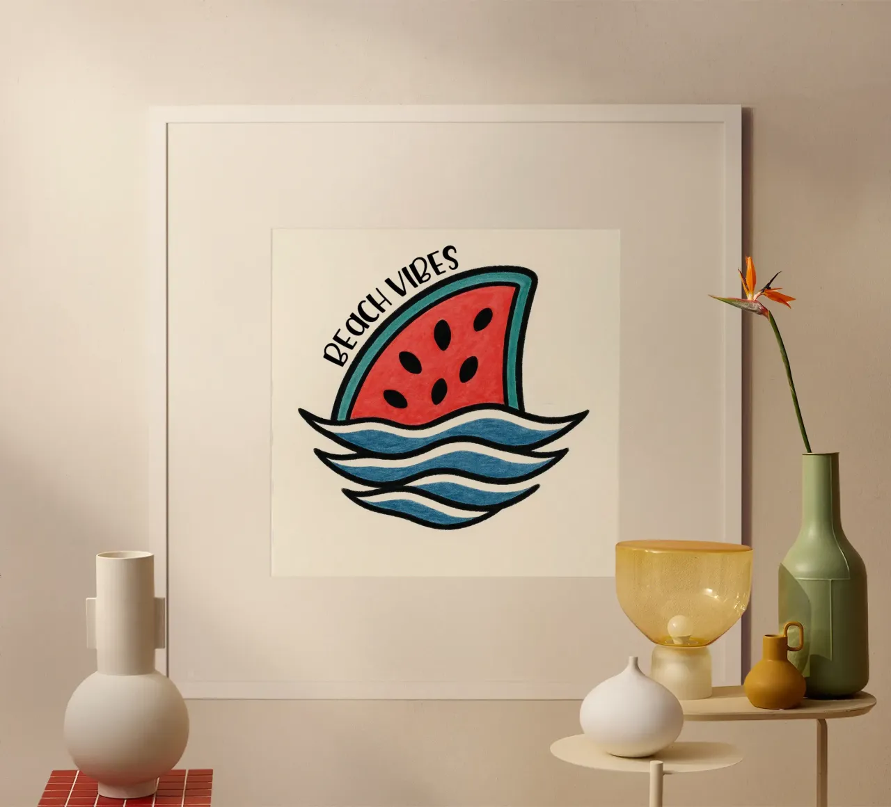Aileron de requin melon d'eau "Beach Vibes" - Fun, Unique, and poster avec cadre en plastique de inspirational quote