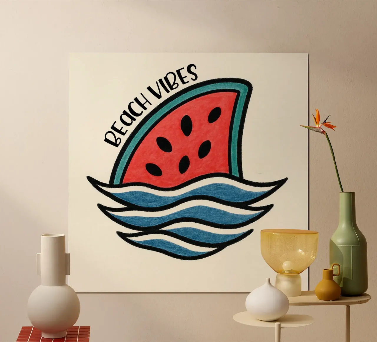 Aileron de requin melon d'eau "Beach Vibes" - Fun, Unique, and poster avec cadre en plastique de inspirational quote