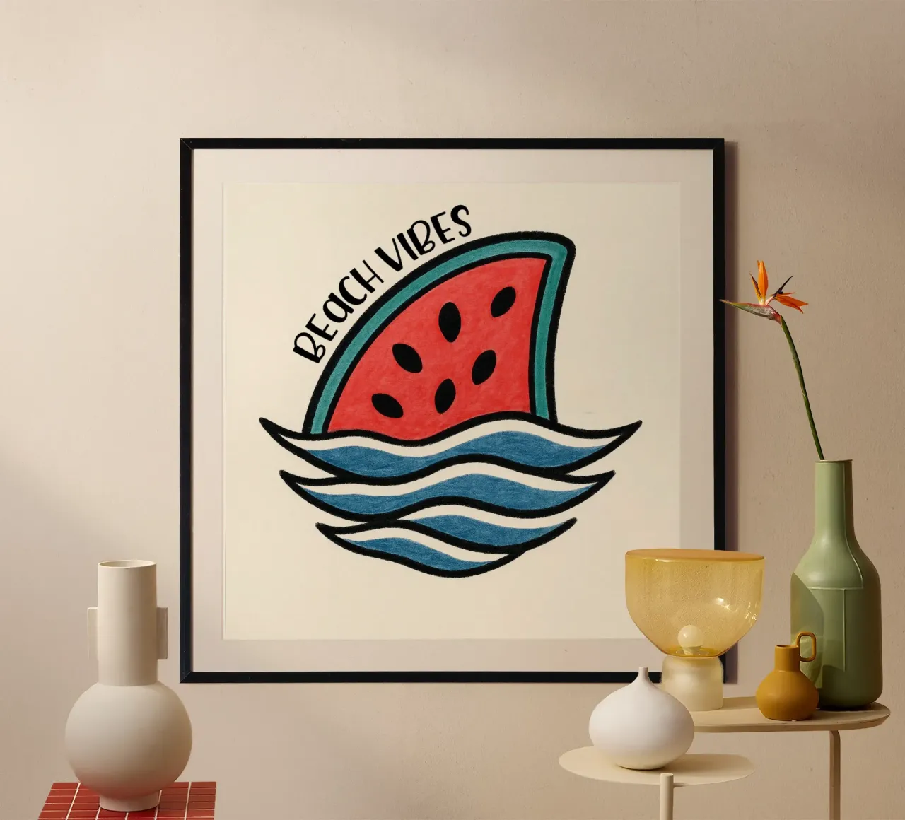 Aileron de requin melon d'eau "Beach Vibes" - Fun, Unique, and poster avec cadre en plastique de inspirational quote