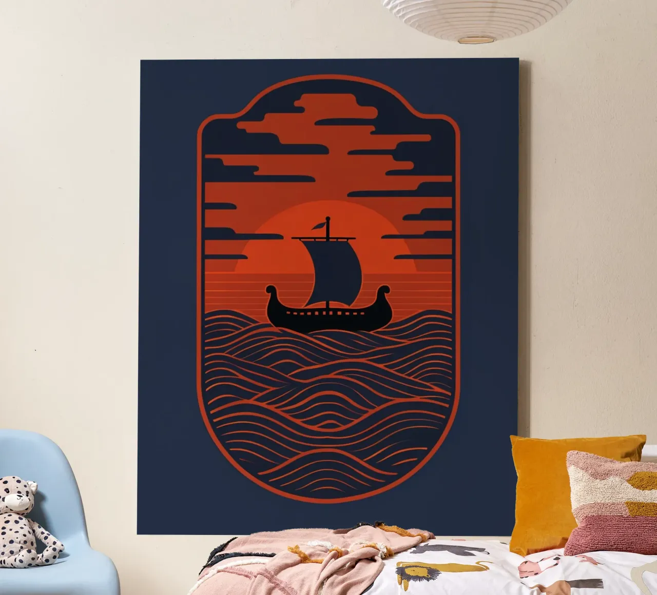 Wikinger-Langschiff Sonnenuntergangsreise: Die Reise eines nordischen Seefahrers auf Leinwand mit Schattenfugenrahmen von Artistic-shop