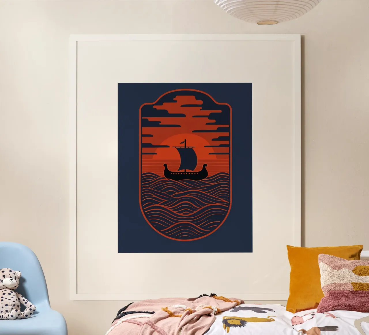 Wikinger-Langschiff Sonnenuntergangsreise: Die Reise eines nordischen Seefahrers auf Poster von Artistic-shop