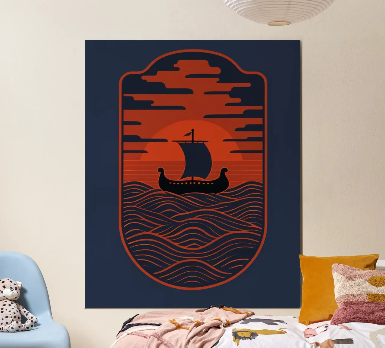 Wikinger-Langschiff Sonnenuntergangsreise: Die Reise eines nordischen Seefahrers auf Poster von Artistic-shop