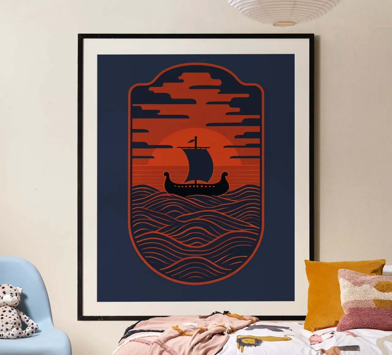 Wikinger-Langschiff Sonnenuntergangsreise: Die Reise eines nordischen Seefahrers auf Poster von Artistic-shop