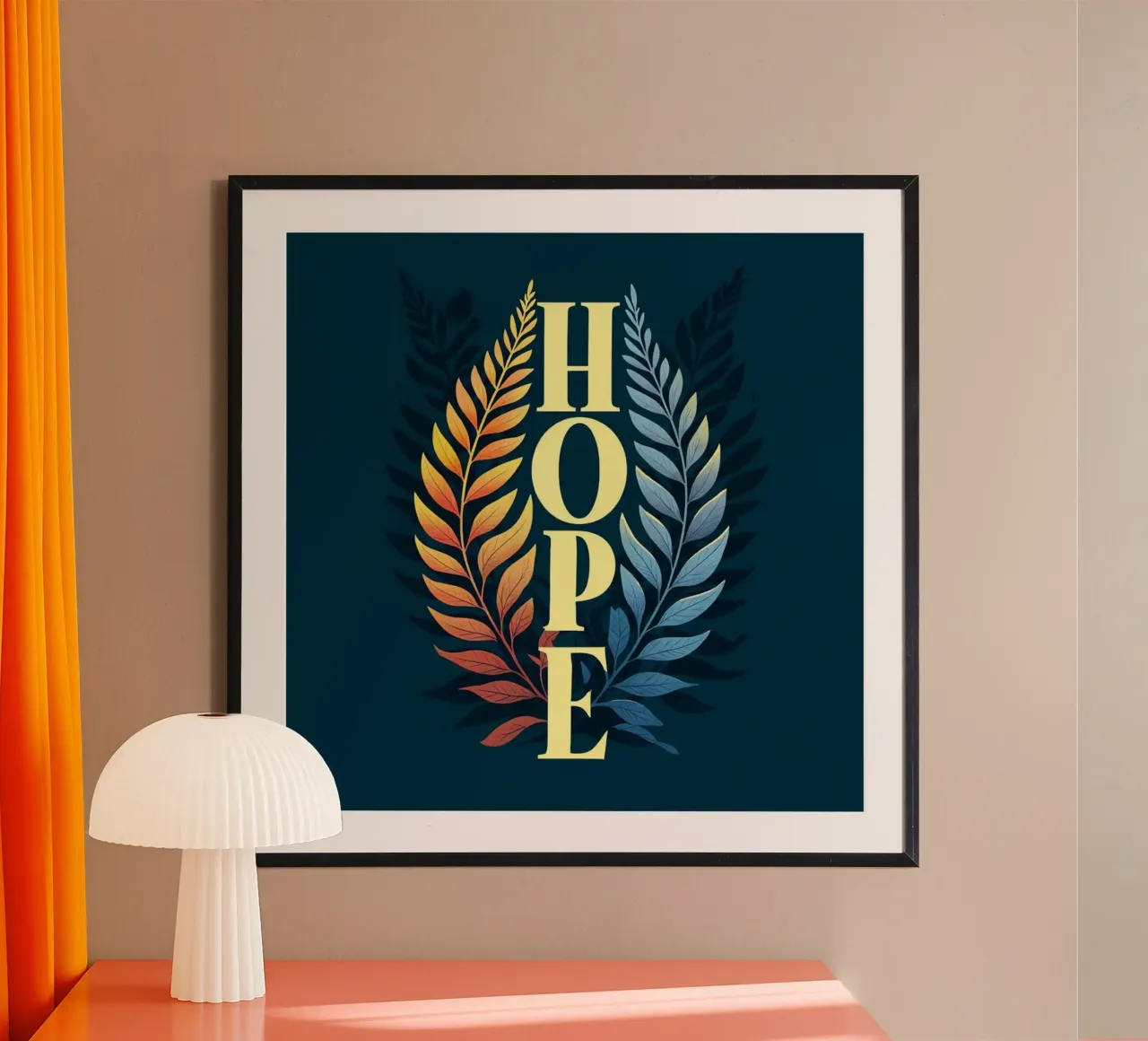 Orizzonti di speranza: Una vibrante ghirlanda di foglie a due toni che abbraccia poster con telaio in legno da inspirational quote
