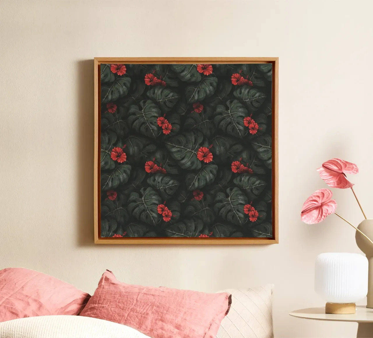 Illustrazione di Monstera e Ibisco Design botanico tropicale tela con Cornice a cassetta da Stella-Illustrations
