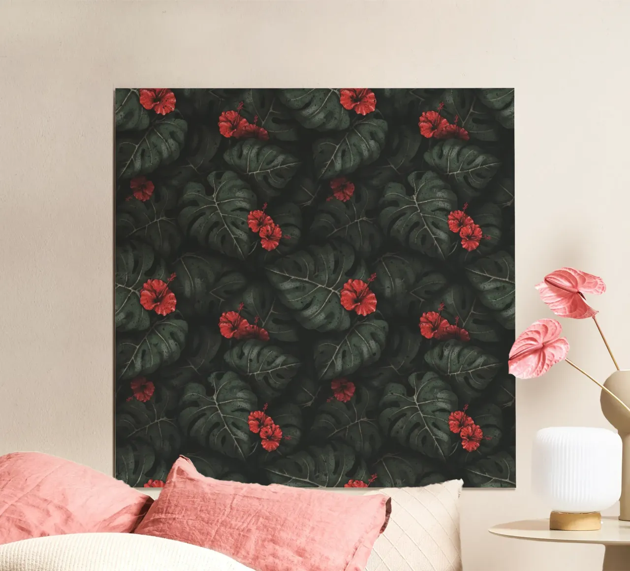 Illustrazione di Monstera e Ibisco Design botanico tropicale poster con telaio in alluminio da Stella-Illustrations