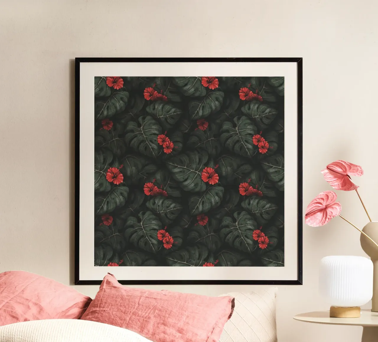 Illustrazione di Monstera e Ibisco Design botanico tropicale poster con telaio in alluminio da Stella-Illustrations