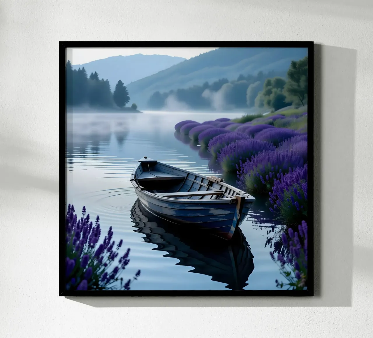 Barca sul lago delle nebbie poster con telaio in plastica da Anita's Dream